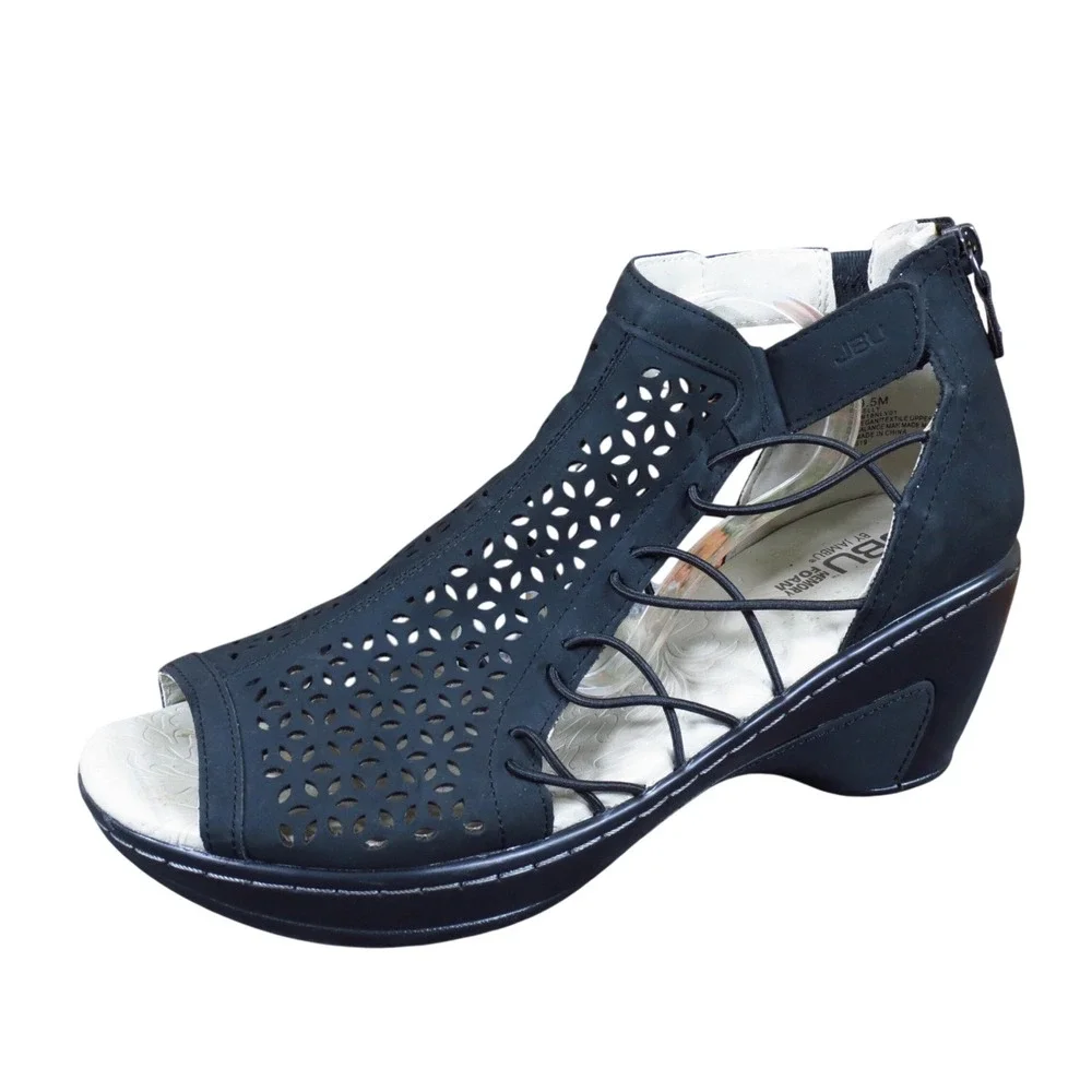 JBU Nelly Women Wedge Sandal 9.5 Fashion Travel Laser Cut Black Vegan Textile